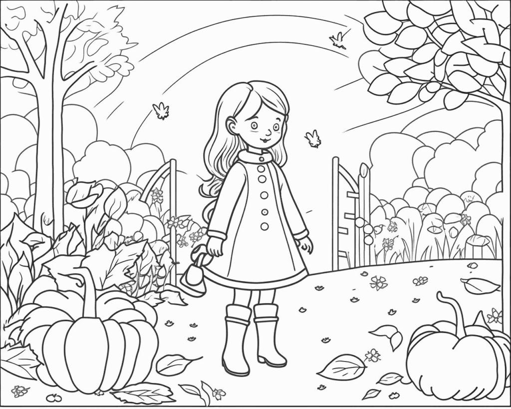 Színező egy kabátos, gumicsizmás kislánnyal a kerti ösvényen, tökök között
